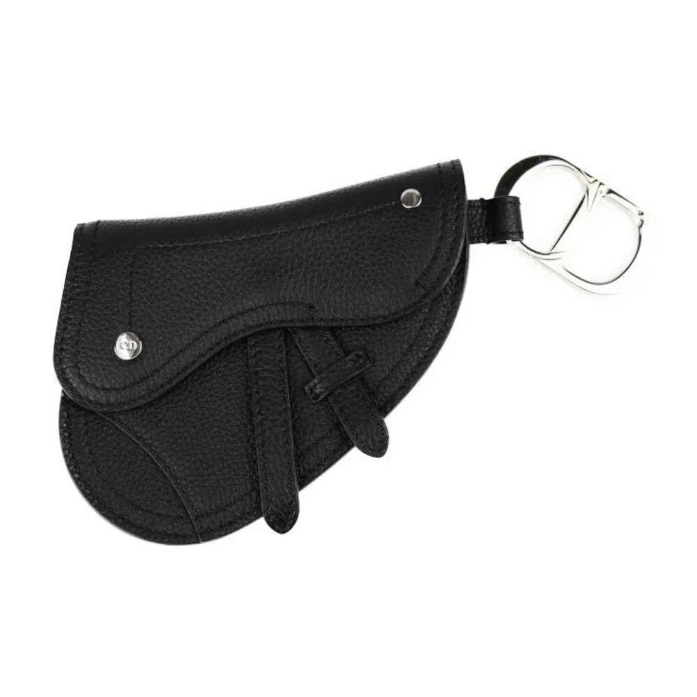 Christian Dior Saddle Poach Saddle Pouch Coin Case Leather Black Silver